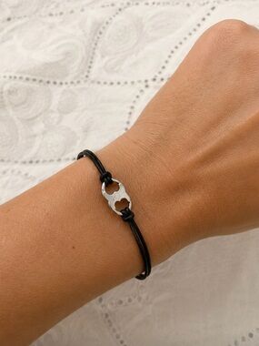 Tory Burch Black Leather Cord Bracelet with Silver Logo Accent